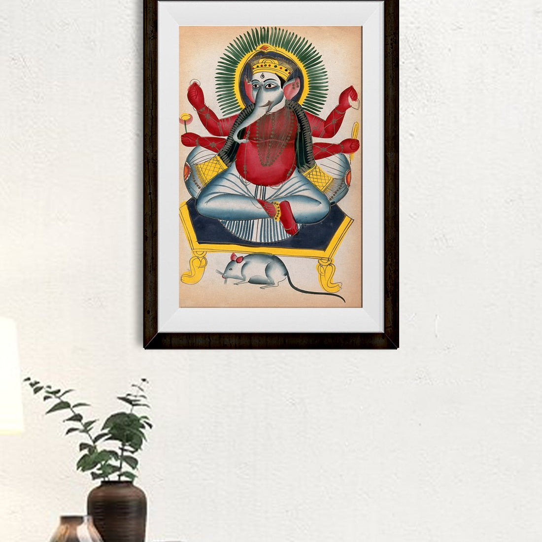 Ganesha enthroned holding his symbols with his rat Painting - Meri Deewar 2 : 3 Vertical Premium Wall Art Canvas by MeriDeewar
