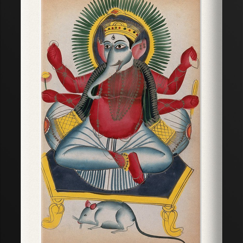 Ganesha enthroned holding his symbols with his rat Painting - Meri Deewar 2 : 3 Vertical Premium Wall Art Canvas by MeriDeewar