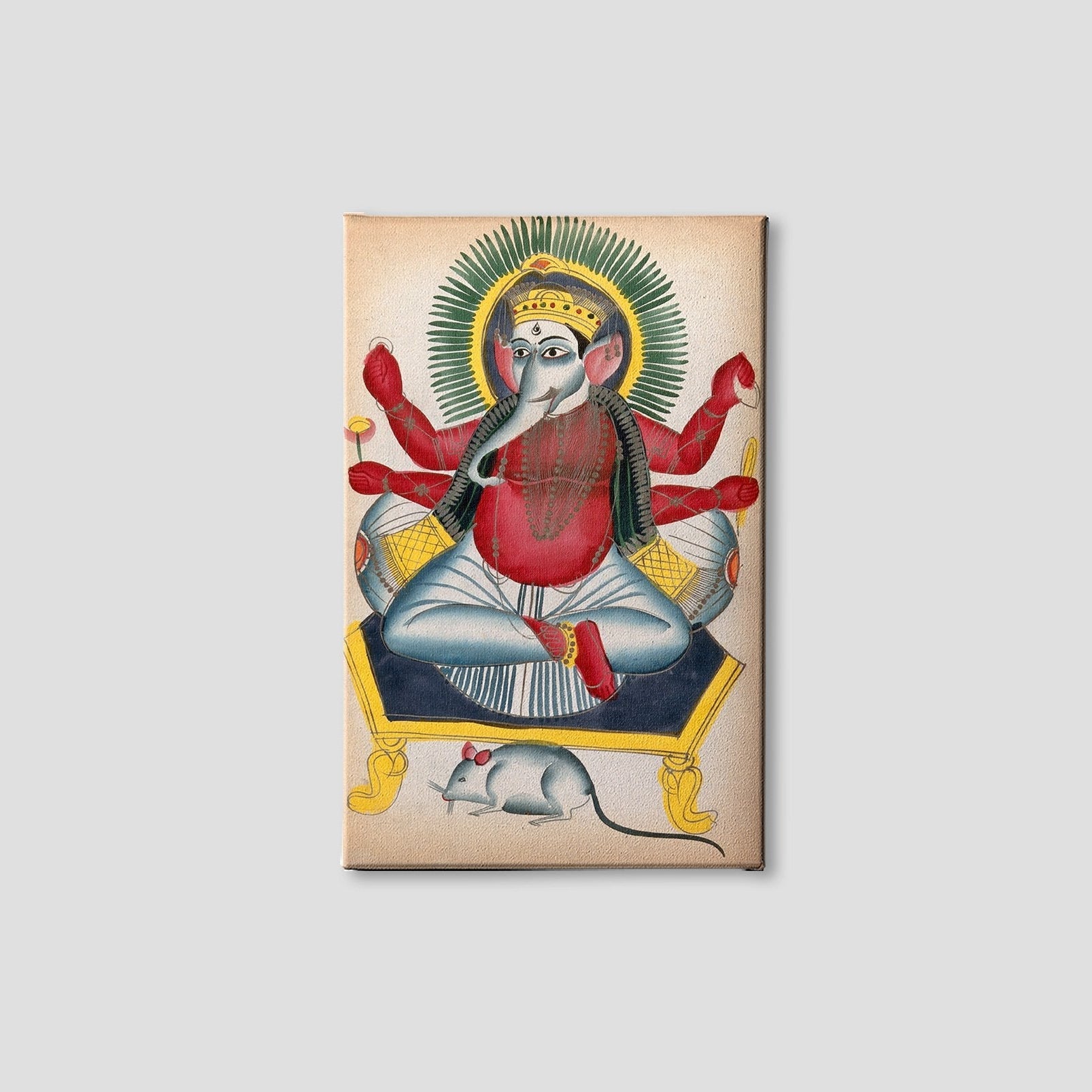 Ganesha enthroned holding his symbols with his rat Painting - Meri Deewar 2 : 3 Vertical Premium Wall Art Canvas by MeriDeewar