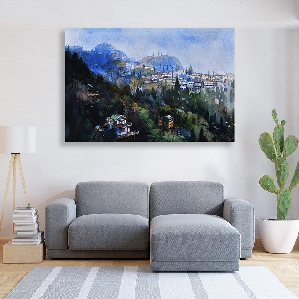 Gangtok Cityscape Painting - Meri Deewar 2 : 3 Vertical Premium Wall Art Canvas by MeriDeewar