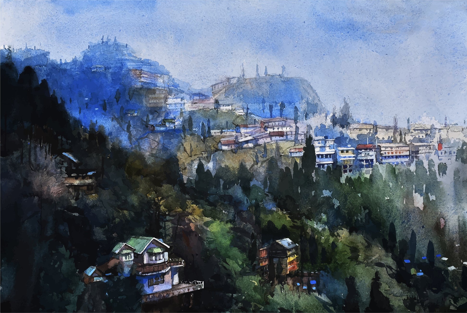 Gangtok Cityscape Painting - Meri Deewar 2 : 3 Vertical Premium Wall Art Canvas by MeriDeewar