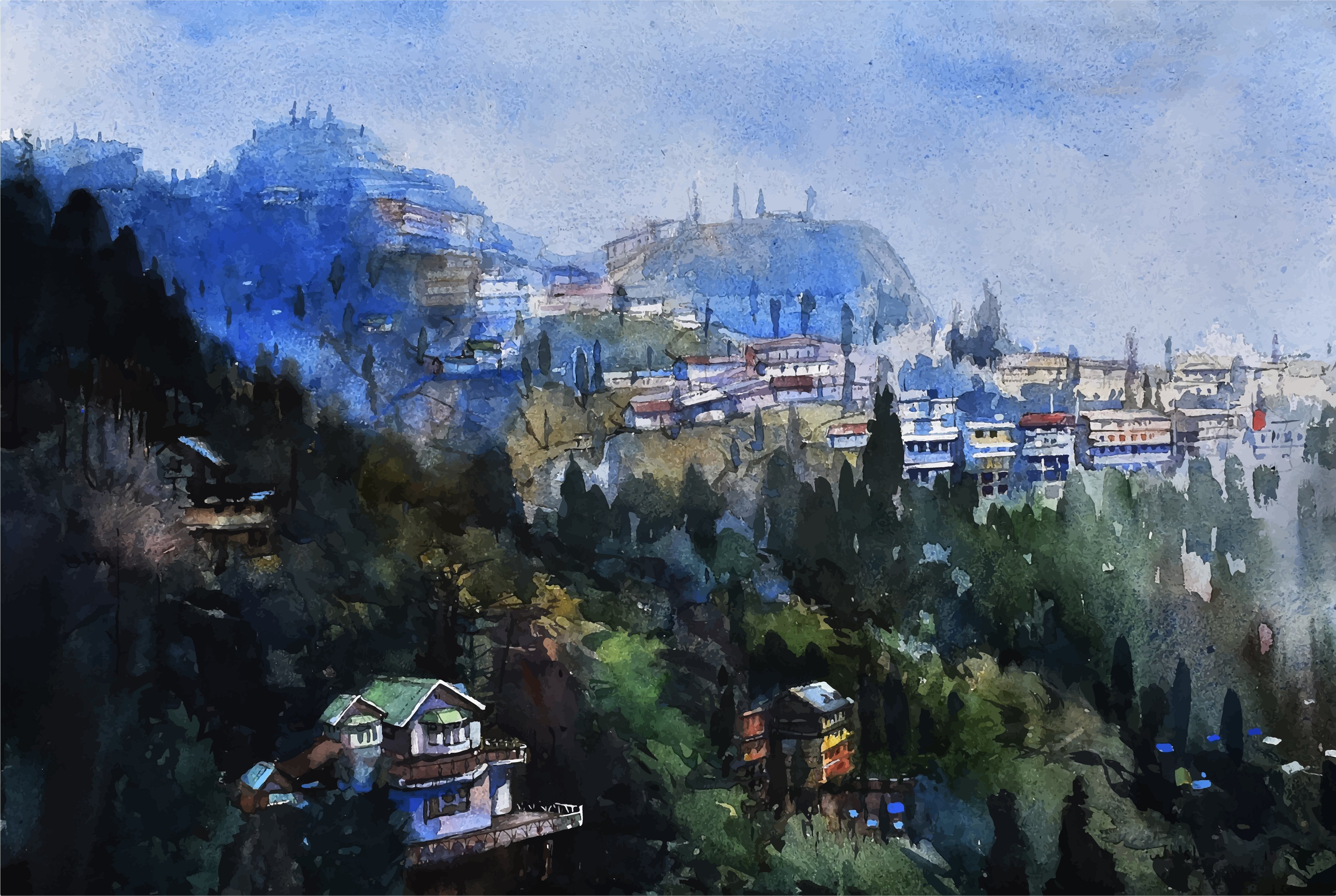 Gangtok Cityscape Painting - Meri Deewar 2 : 3 Vertical Premium Wall Art Canvas by MeriDeewar