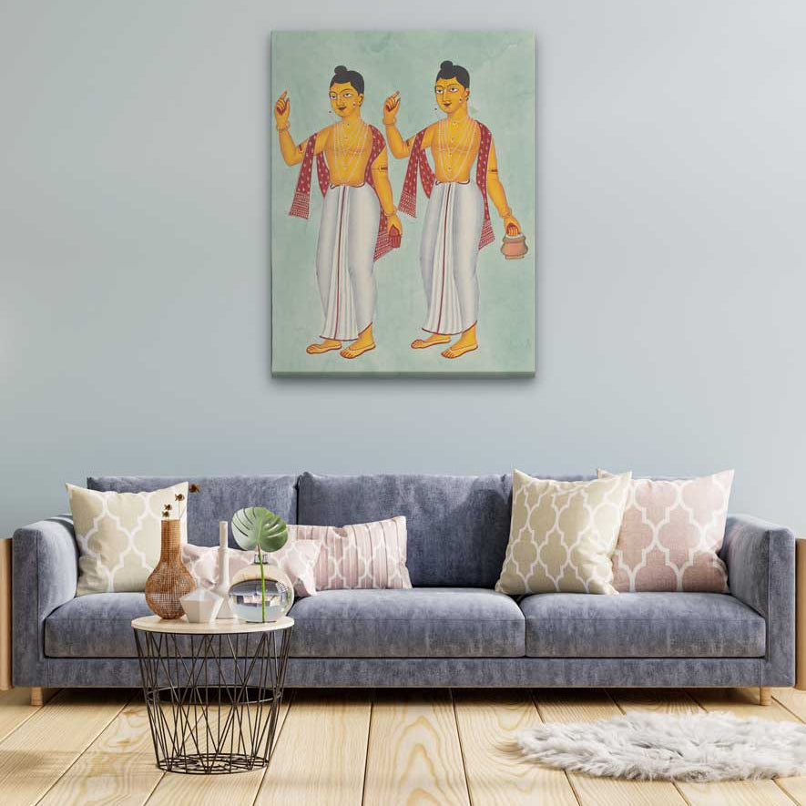 Gaur and Nitai Kalighat Art Painting 3 : 4 Vertical Premium Wall Art Canvas by MeriDeewar