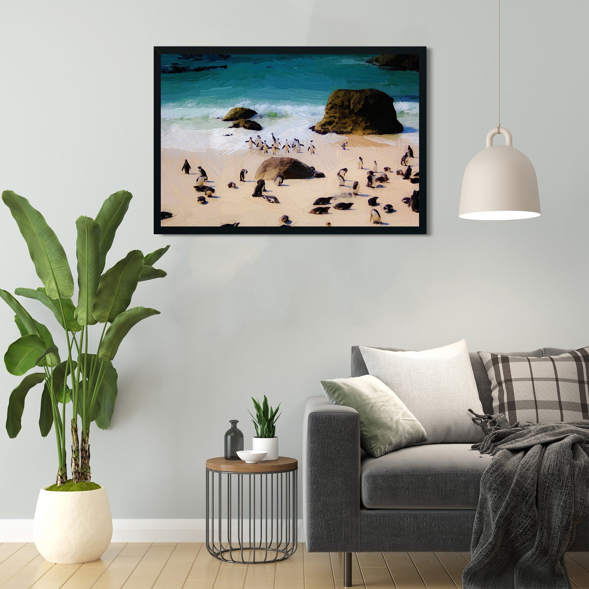 Gentoo Penguin walking on the Beach painting - Meri Deewar 3 : 2 Horizontal Premium Wall Art Canvas by MeriDeewar