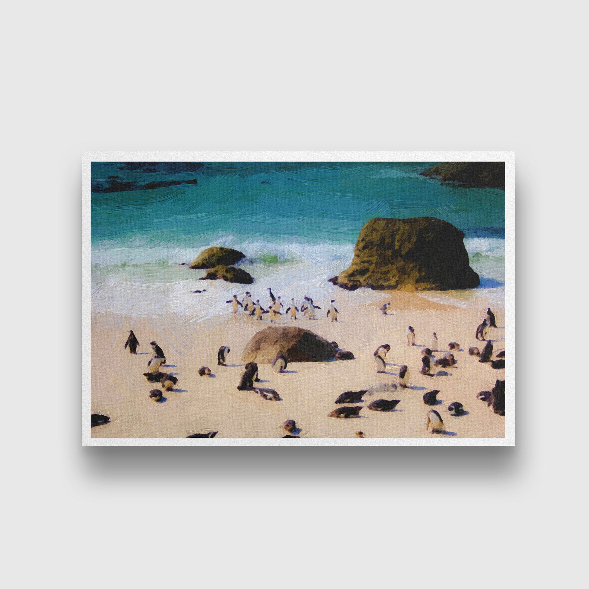 Gentoo Penguin walking on the Beach painting - Meri Deewar 3 : 2 Horizontal Premium Wall Art Canvas by MeriDeewar