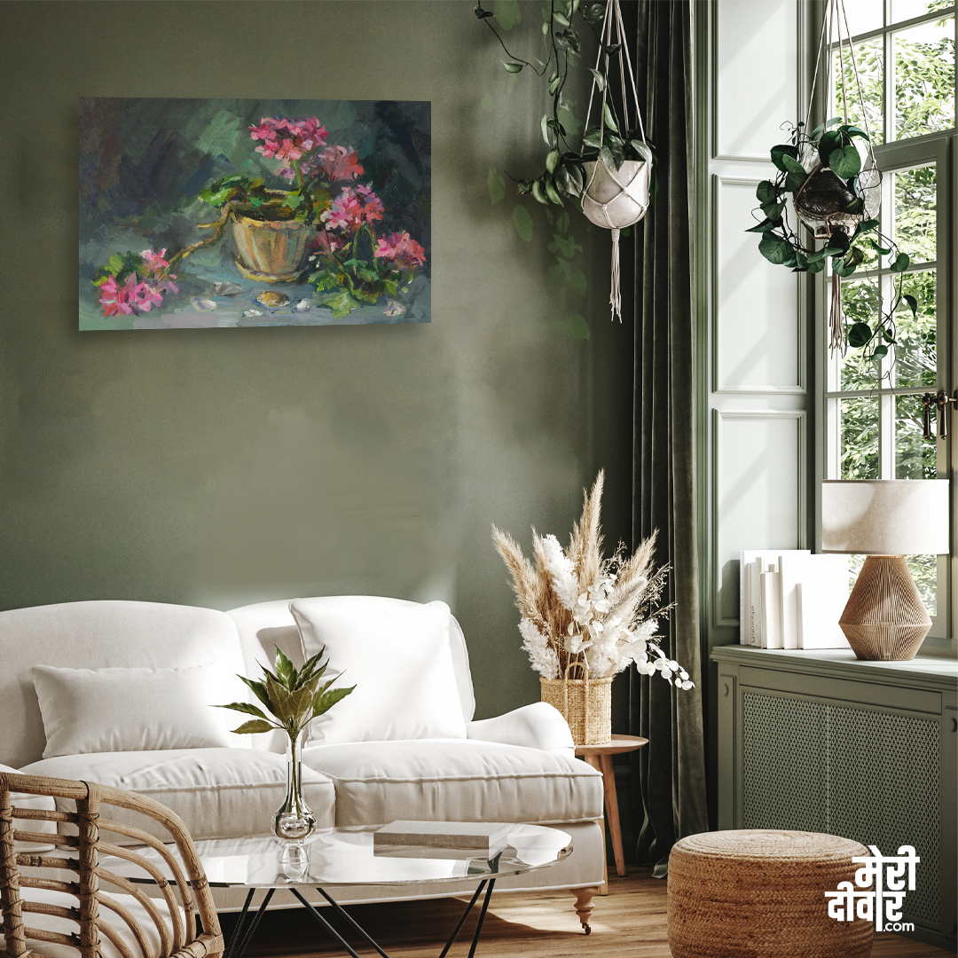 Geranium Pink Delicate Indoor Flowers Painting 3 : 2 Horizontal Premium Wall Art Canvas by MeriDeewar