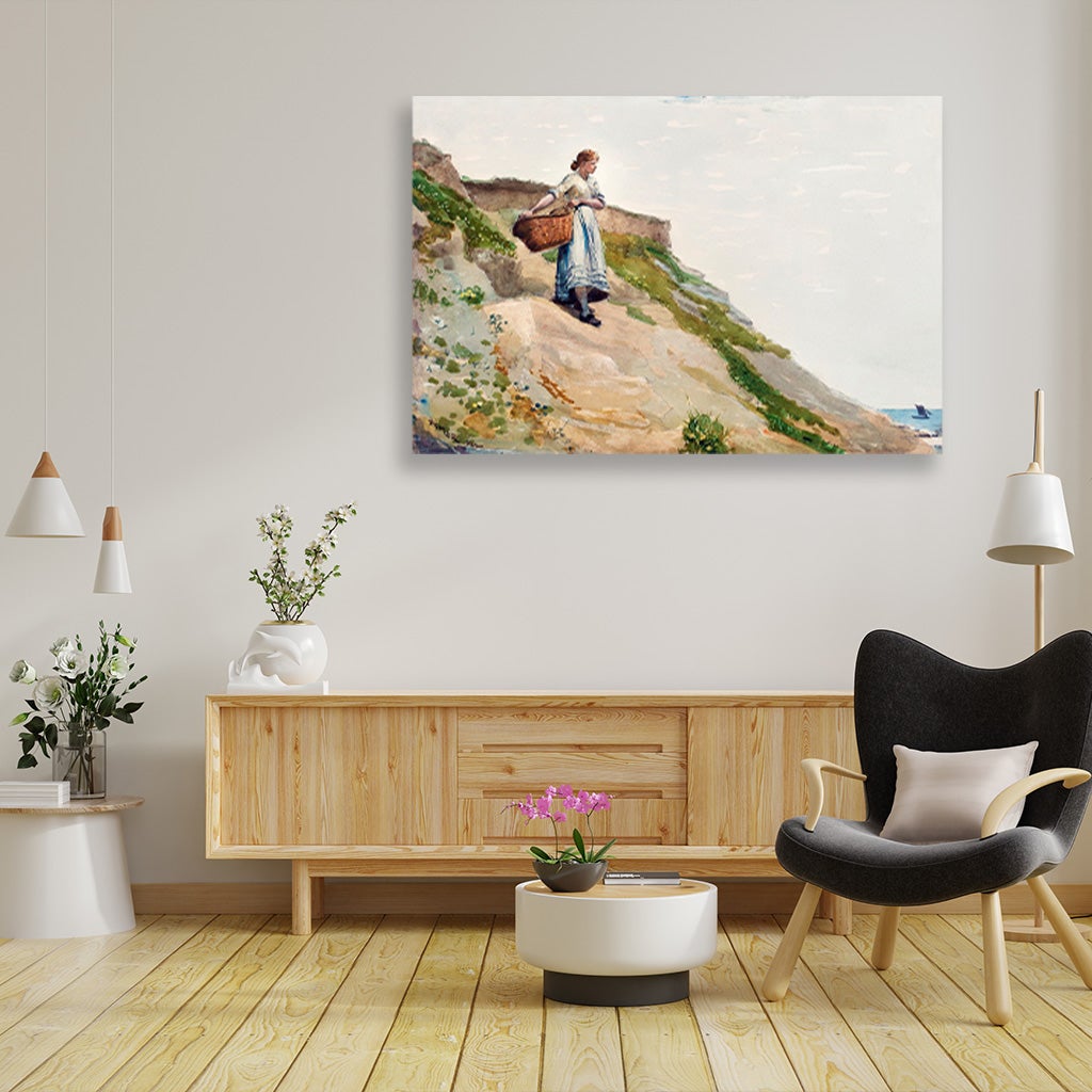 Girl Carrying a Basket painting - Meri Deewar 3 : 2 Horizontal Premium Wall Art Canvas by MeriDeewar