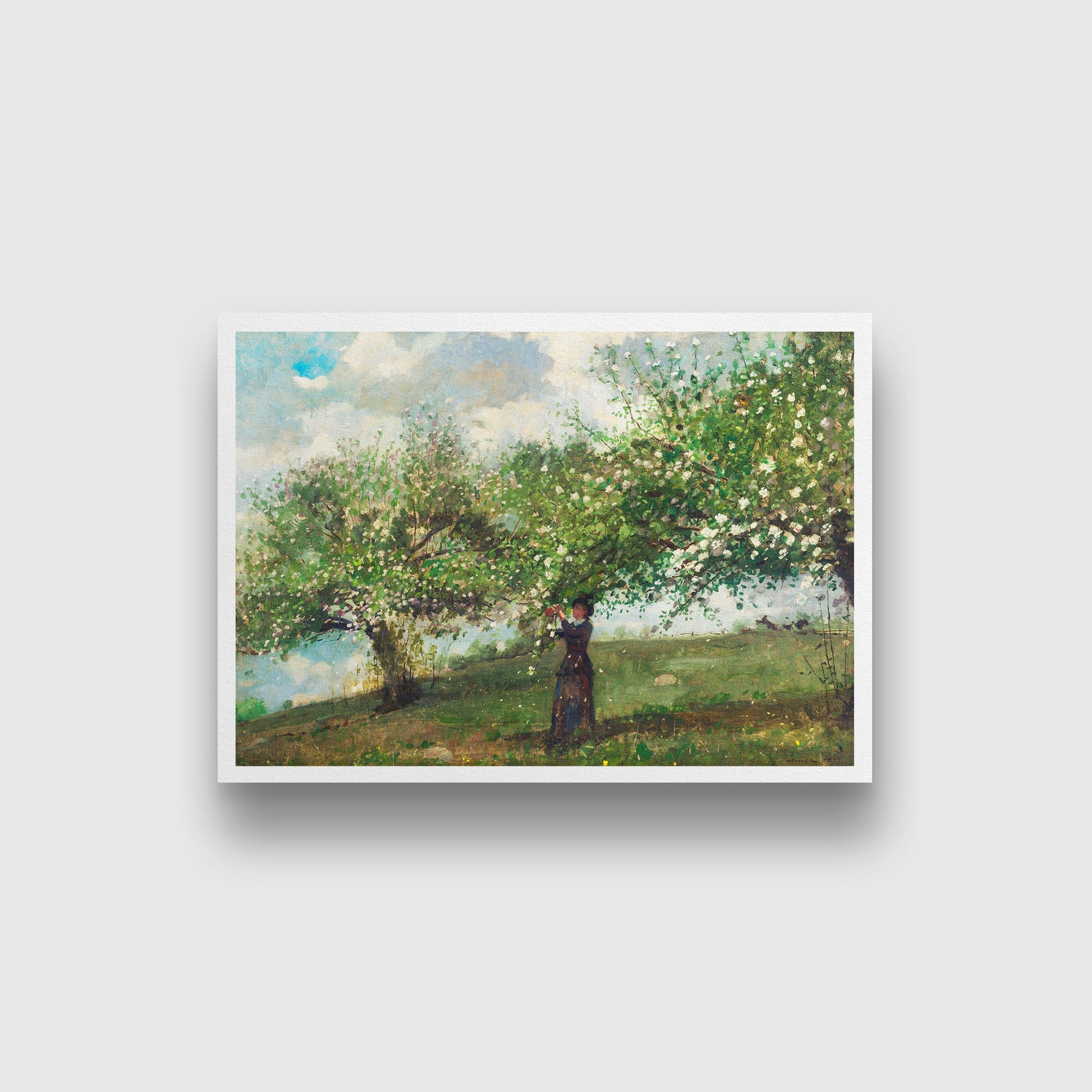 Girl Picking Apple Blossoms painting - Meri Deewar 3 : 2 Horizontal Premium Wall Art Canvas by MeriDeewar