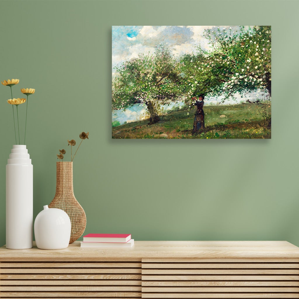 Girl Picking Apple Blossoms painting - Meri Deewar 3 : 2 Horizontal Premium Wall Art Canvas by MeriDeewar