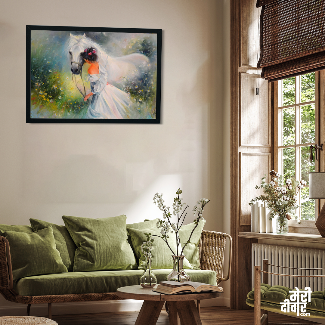 Girl with a Horse Wall Painting 3 : 2 Horizontal Premium Wall Art Canvas by MeriDeewar