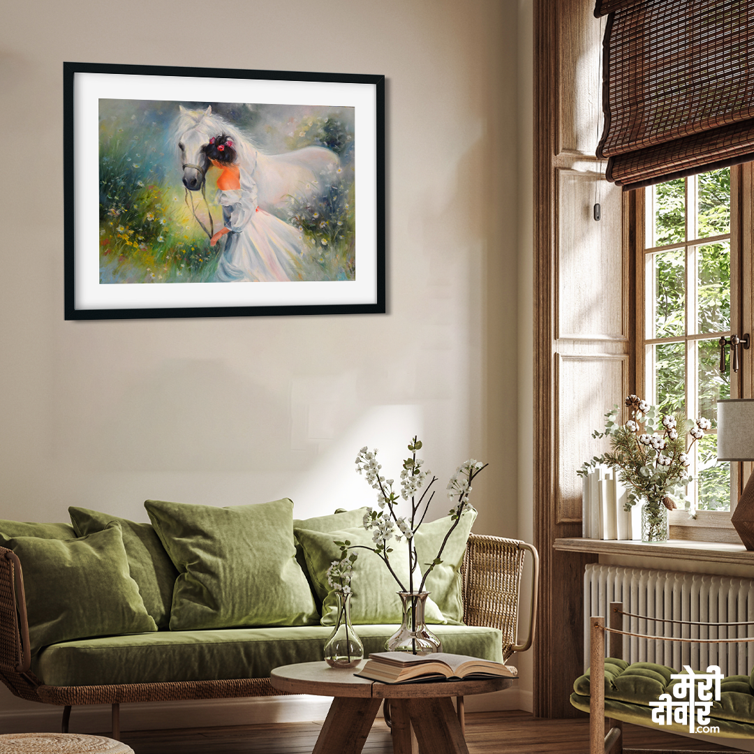 Girl with a Horse Wall Painting 3 : 2 Horizontal Premium Wall Art Canvas by MeriDeewar