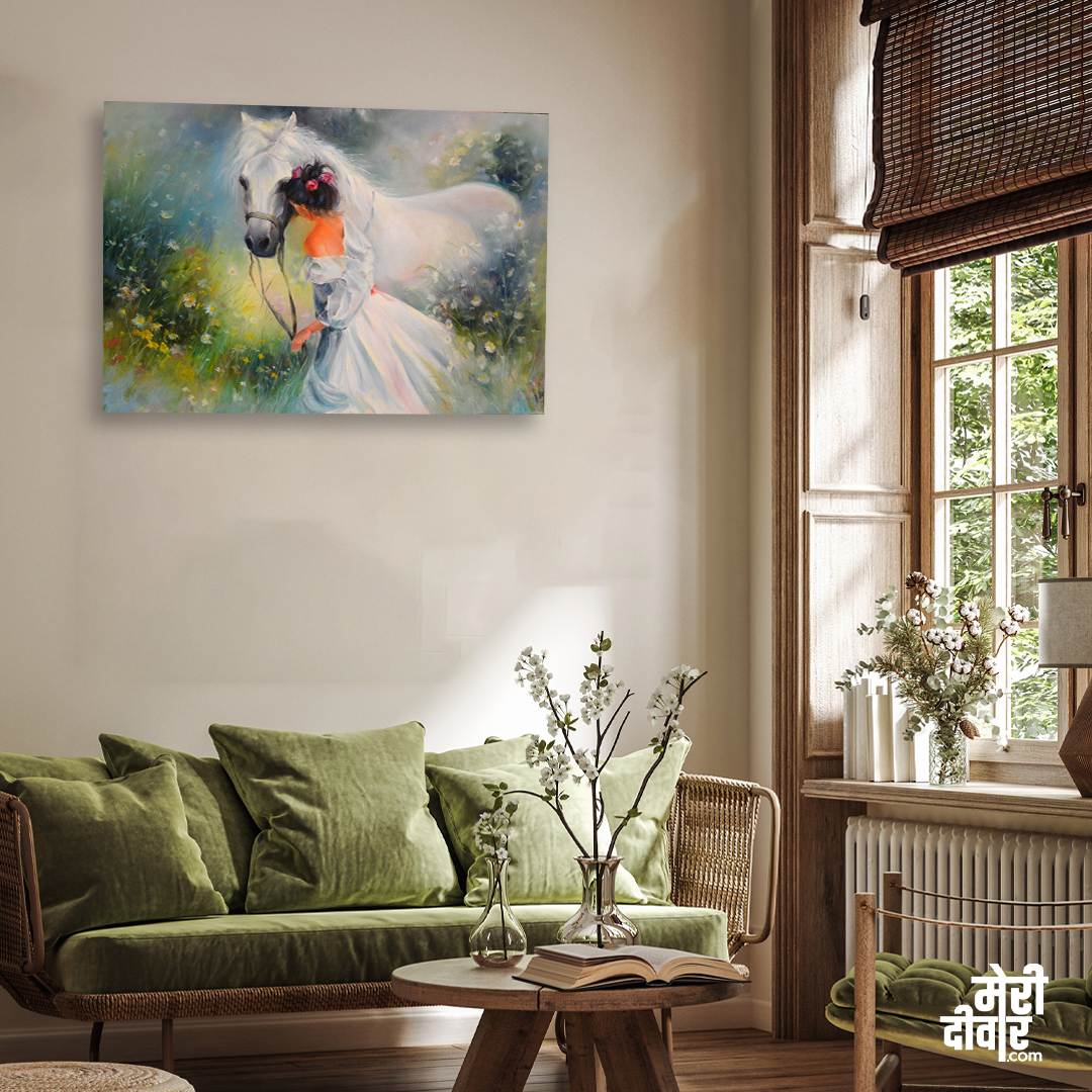 Girl with a Horse Wall Painting 3 : 2 Horizontal Premium Wall Art Canvas by MeriDeewar