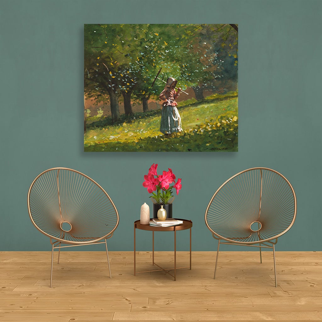 Girl with Hay Rake painting - Meri Deewar 6 : 5 Horizontal Premium Wall Art Canvas by MeriDeewar