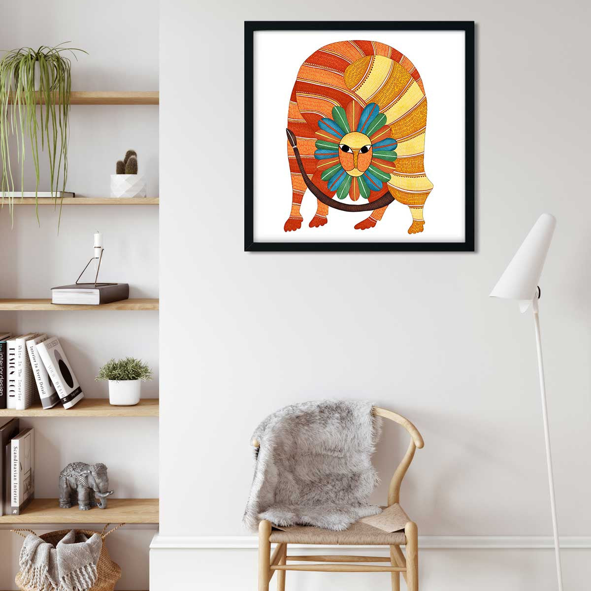 Gond Art lion Illustration Painting 1 : 1 Square Premium Wall Art Canvas by MeriDeewar