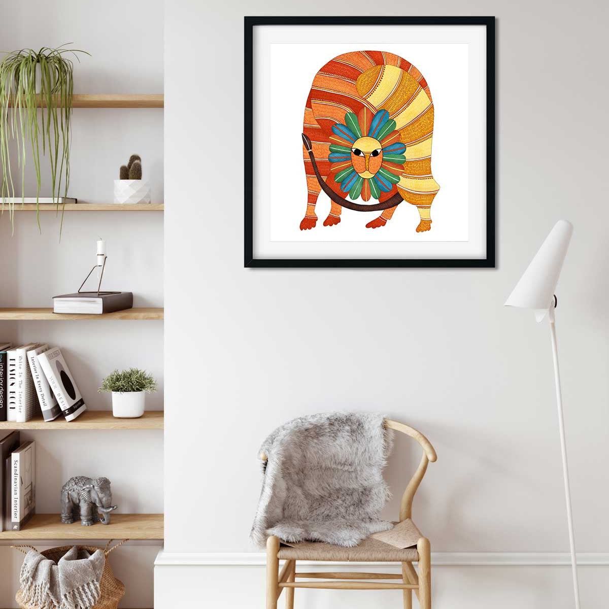Gond Art lion Illustration Painting 1 : 1 Square Premium Wall Art Canvas by MeriDeewar