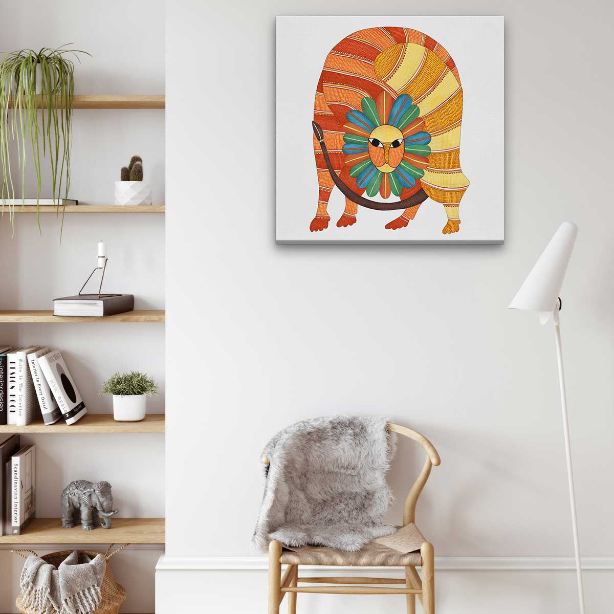 Gond Art lion Illustration Painting 1 : 1 Square Premium Wall Art Canvas by MeriDeewar