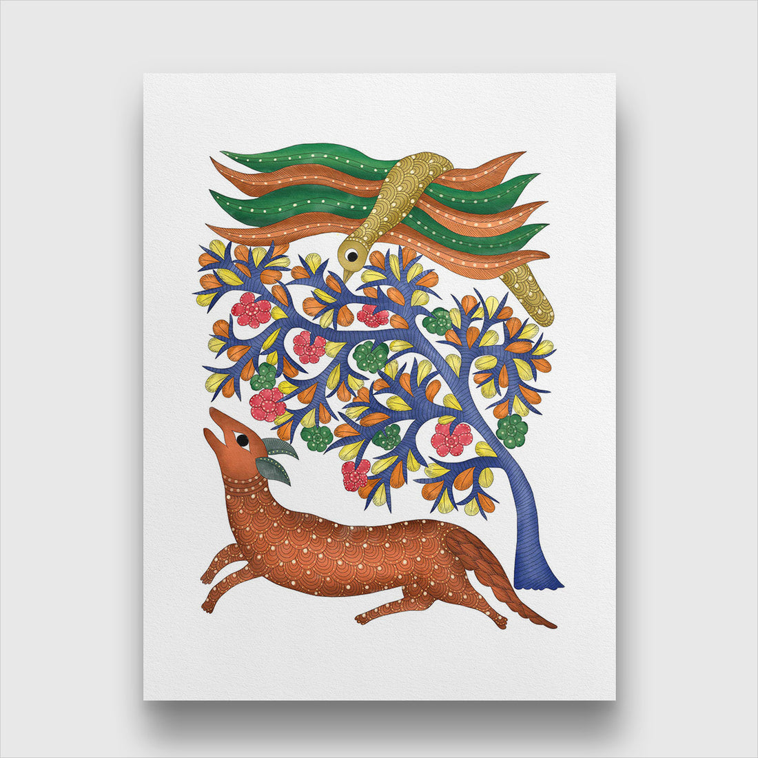 Gond Art Peacock Tree and Deer 3 : 4 Vertical Premium Wall Art Canvas by MeriDeewar