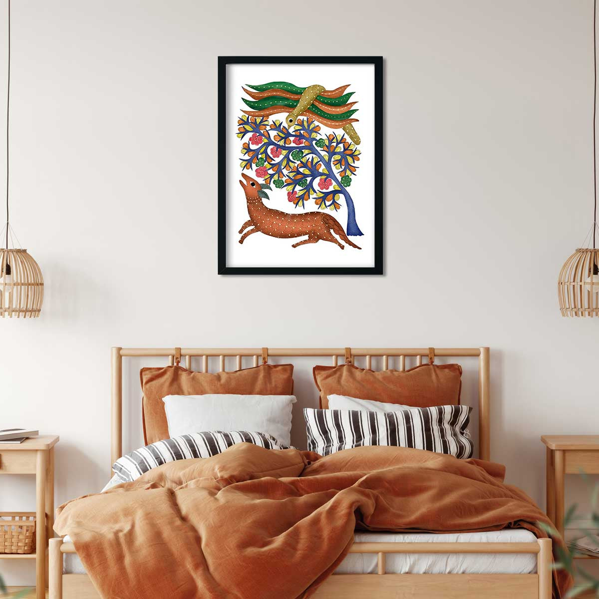 Gond Art Peacock Tree and Deer 3 : 4 Vertical Premium Wall Art Canvas by MeriDeewar