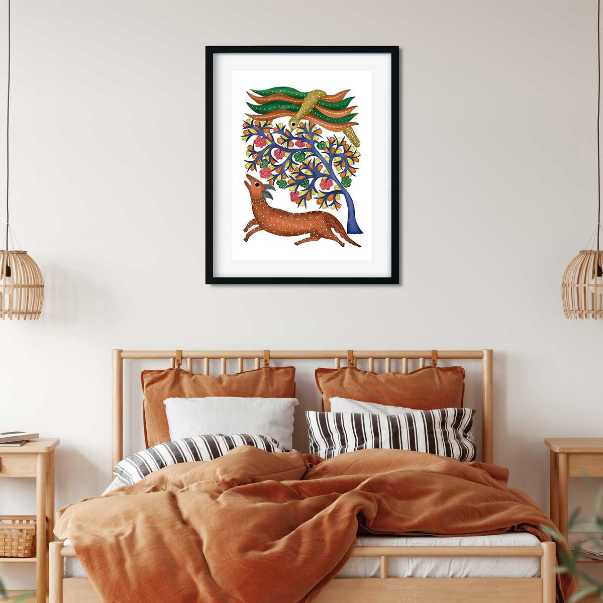 Gond Art Peacock Tree and Deer 3 : 4 Vertical Premium Wall Art Canvas by MeriDeewar