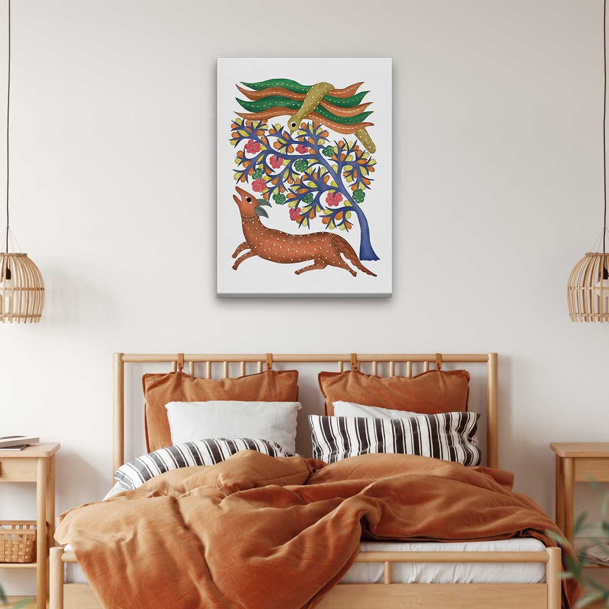 Gond Art Peacock Tree and Deer 3 : 4 Vertical Premium Wall Art Canvas by MeriDeewar