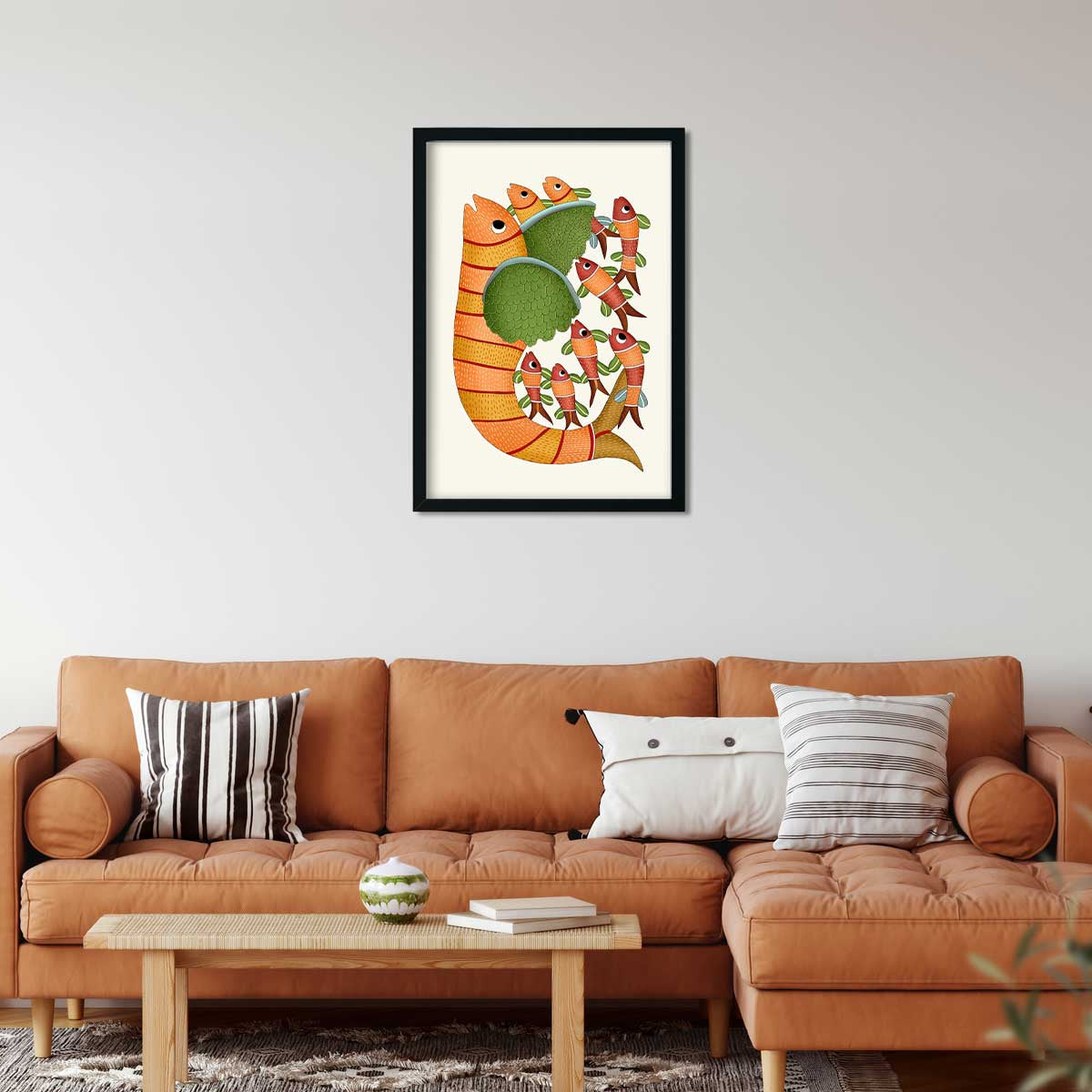 Gond Painting Fish With Five Small Fish Painting 2 : 3 Vertical Premium Wall Art Canvas by MeriDeewar