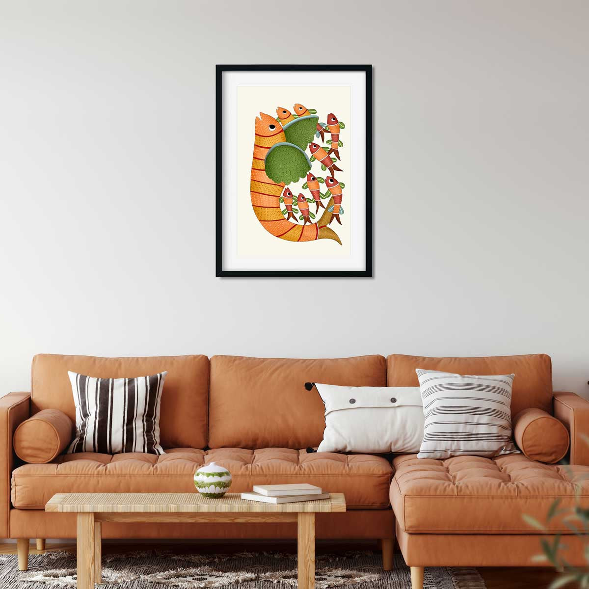 Gond Painting Fish With Five Small Fish Painting 2 : 3 Vertical Premium Wall Art Canvas by MeriDeewar