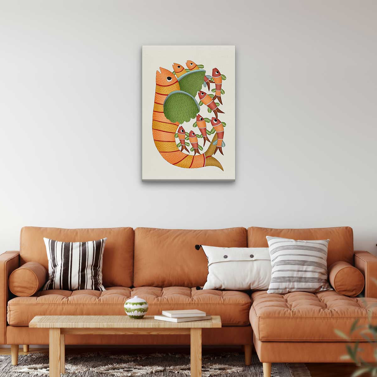 Gond Painting Fish With Five Small Fish Painting 2 : 3 Vertical Premium Wall Art Canvas by MeriDeewar