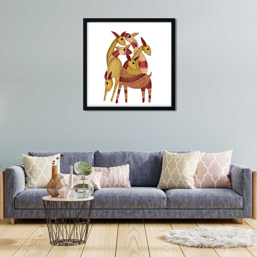 Gond Painting Herd of Deer Painting 1 : 1 Square Premium Wall Art Canvas by MeriDeewar