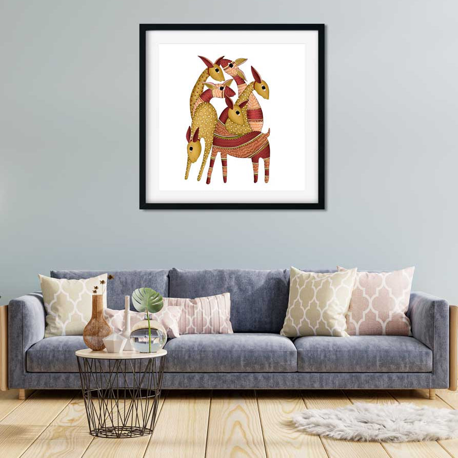 Gond Painting Herd of Deer Painting 1 : 1 Square Premium Wall Art Canvas by MeriDeewar