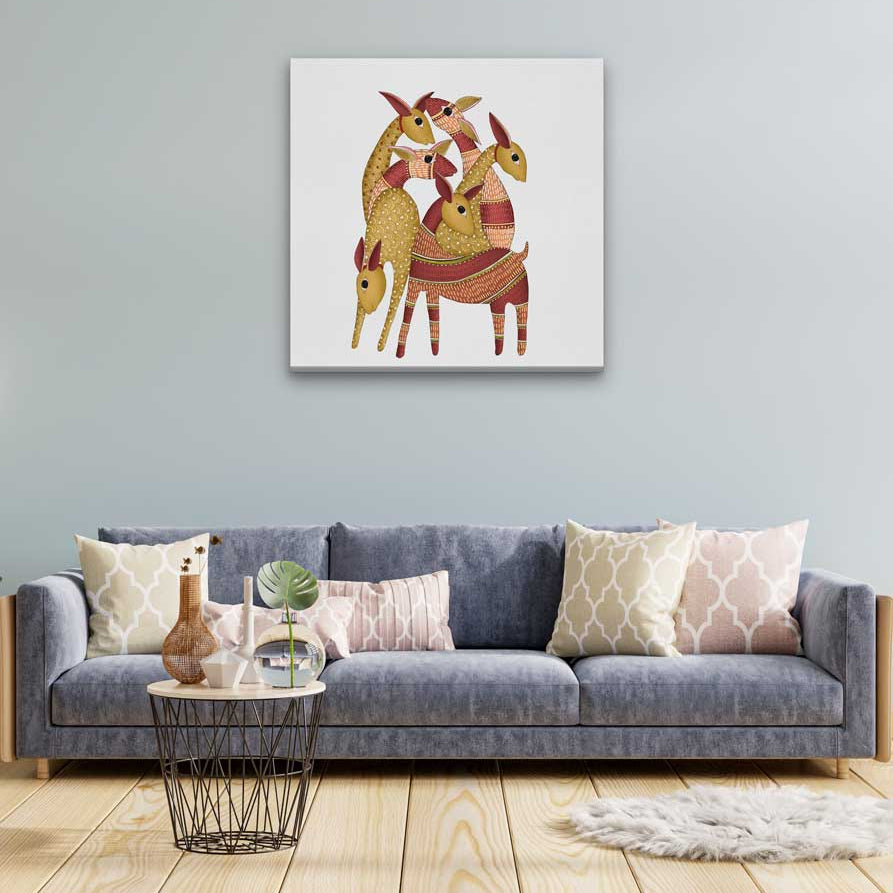 Gond Painting Herd of Deer Painting 1 : 1 Square Premium Wall Art Canvas by MeriDeewar