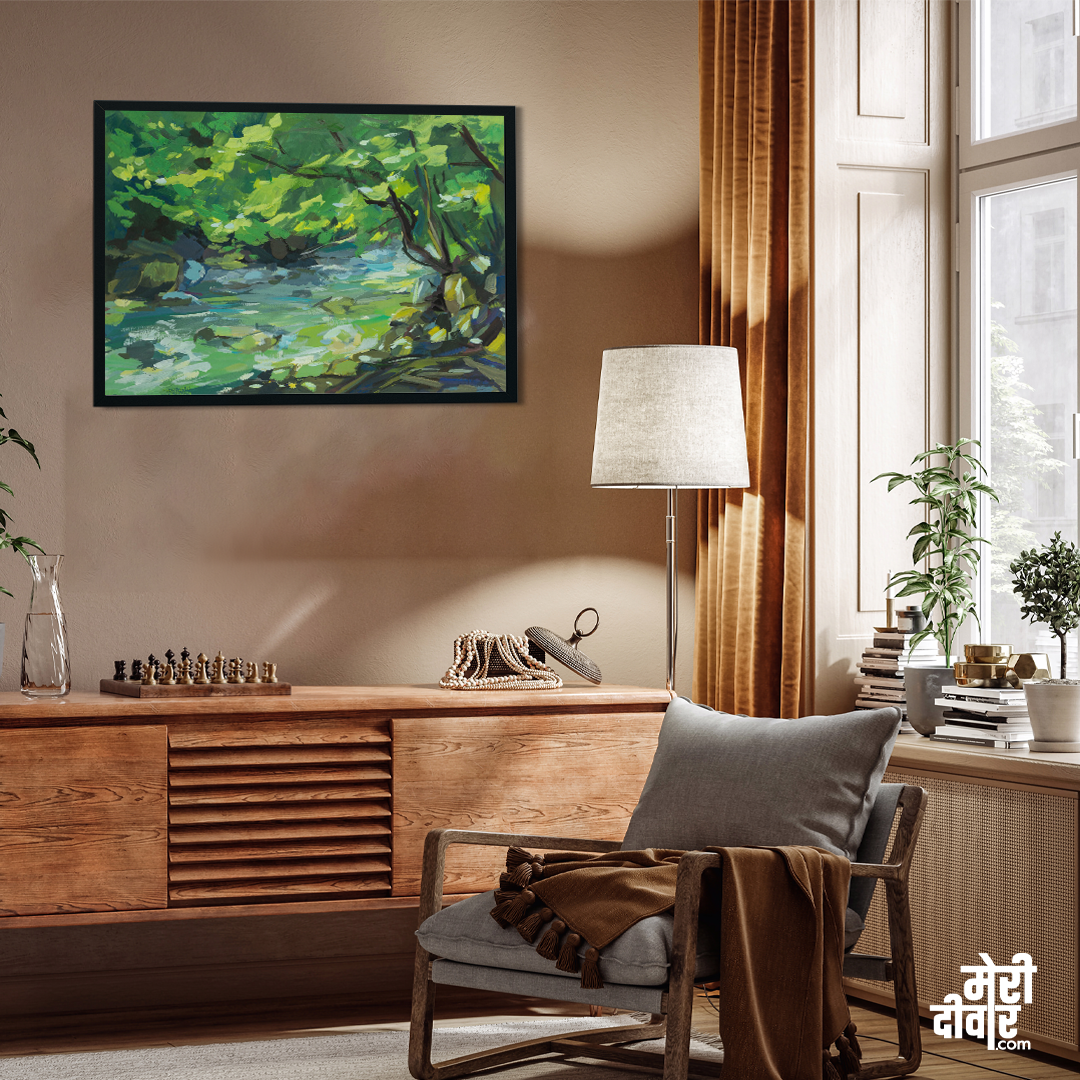 Green Forest River Gouache Colorful Painting 3 : 2 Horizontal Premium Wall Art Canvas by MeriDeewar