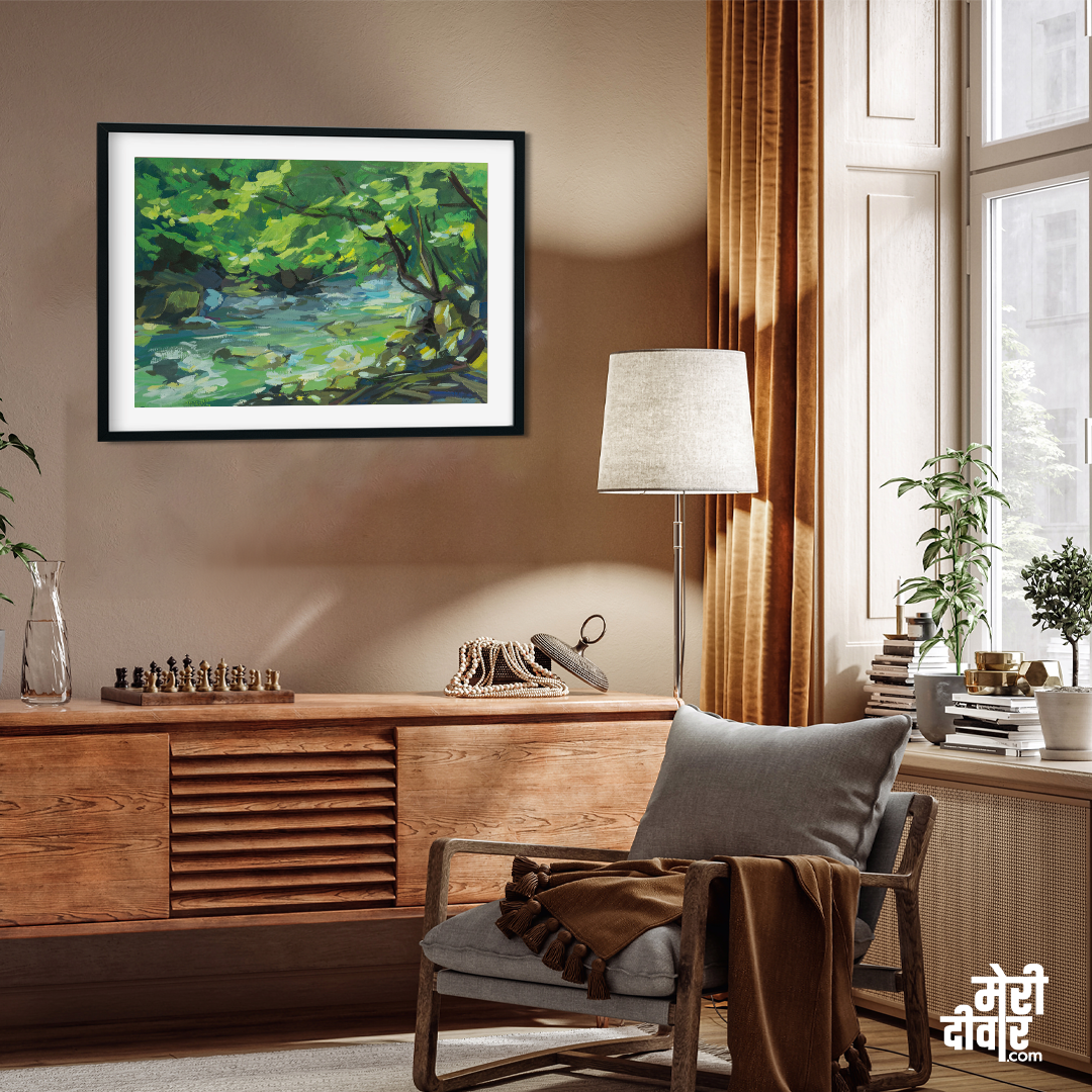 Green Forest River Gouache Colorful Painting 3 : 2 Horizontal Premium Wall Art Canvas by MeriDeewar
