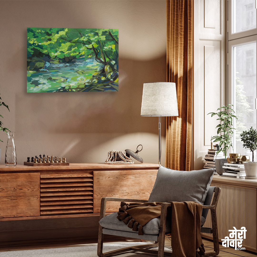 Green Forest River Gouache Colorful Painting 3 : 2 Horizontal Premium Wall Art Canvas by MeriDeewar