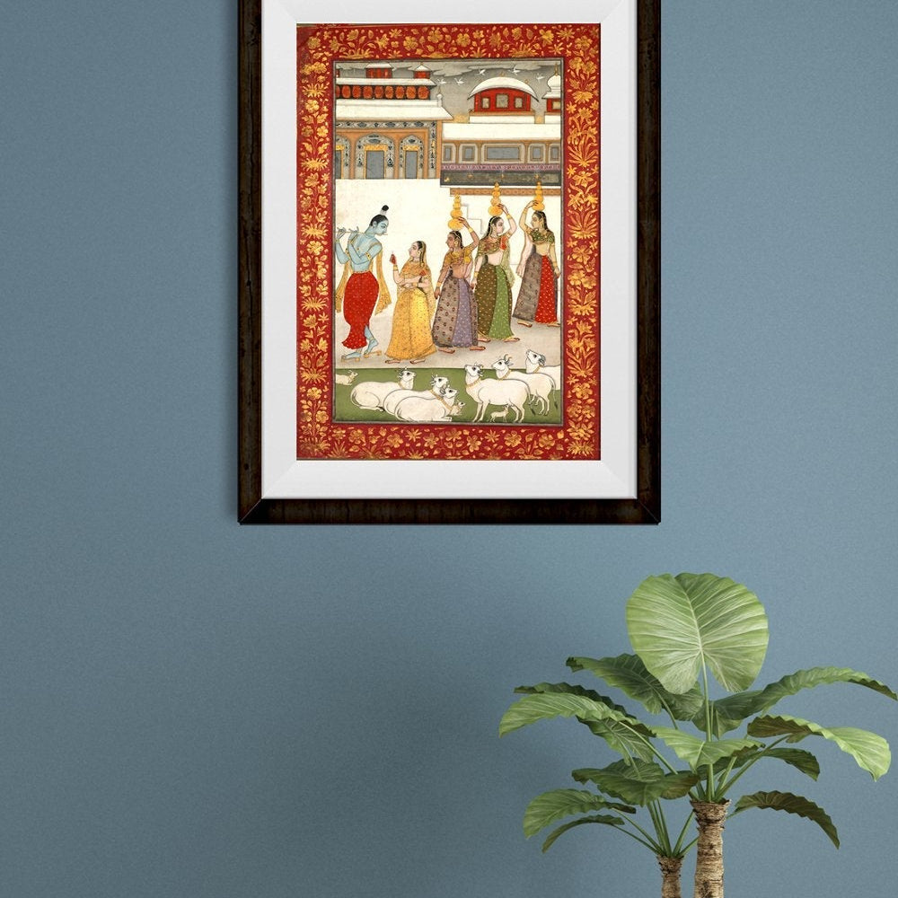 Gujari Ragini (Krishna With Gopis Playing The Flute) Painting - Meri Deewar 2 : 3 Vertical Premium Wall Art Canvas by MeriDeewar