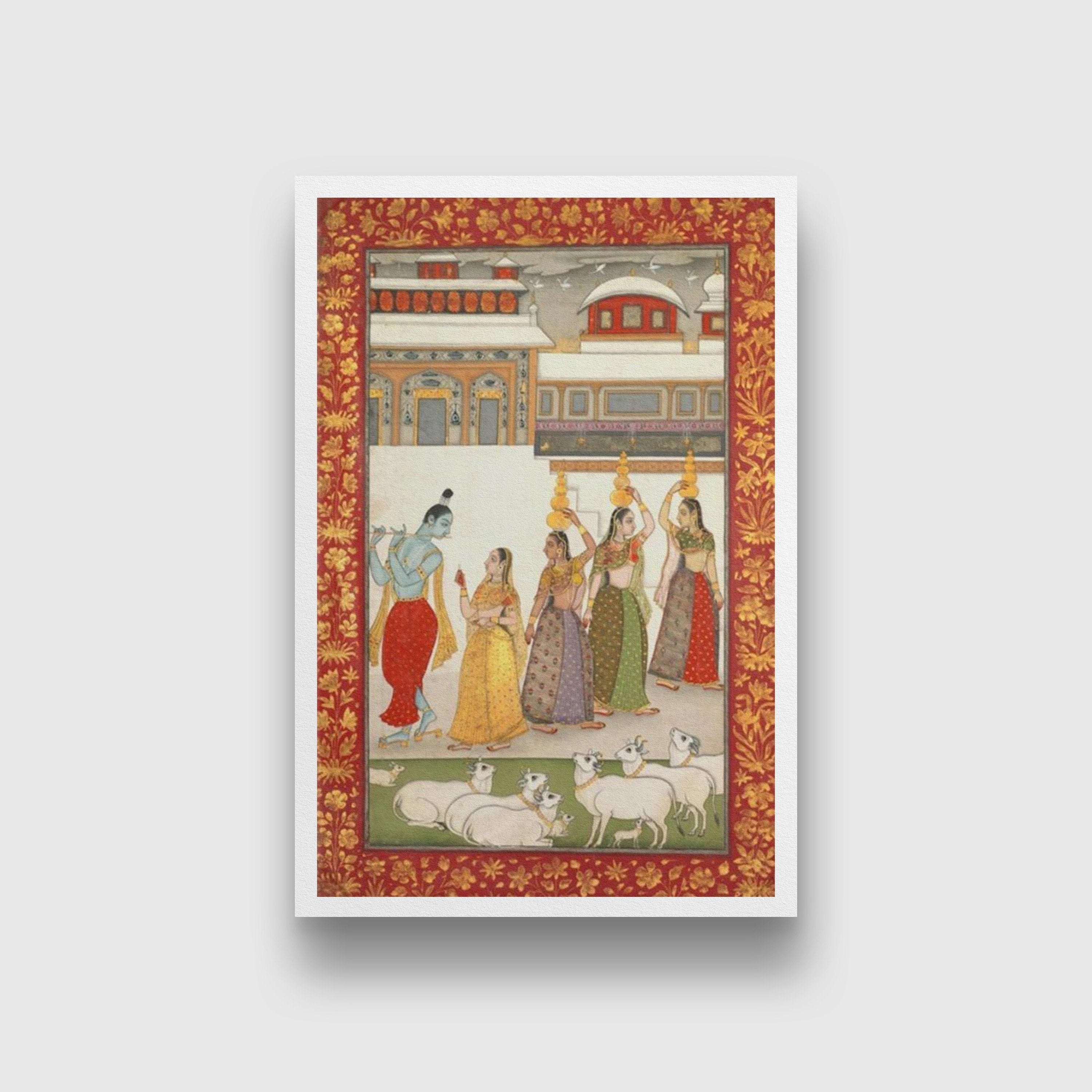 Gujari Ragini (Krishna With Gopis Playing The Flute) Painting - Meri Deewar 2 : 3 Vertical Premium Wall Art Canvas by MeriDeewar