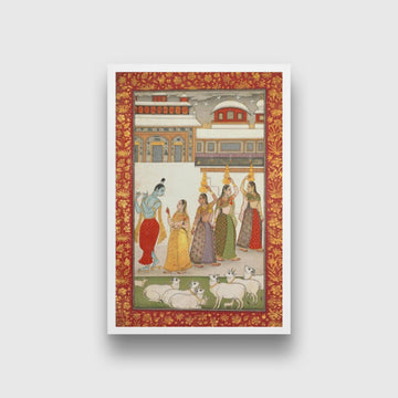 Gujari Ragini (Krishna With Gopis Playing The Flute) Painting - Meri Deewar 2 : 3 Vertical Premium Wall Art Canvas by MeriDeewar