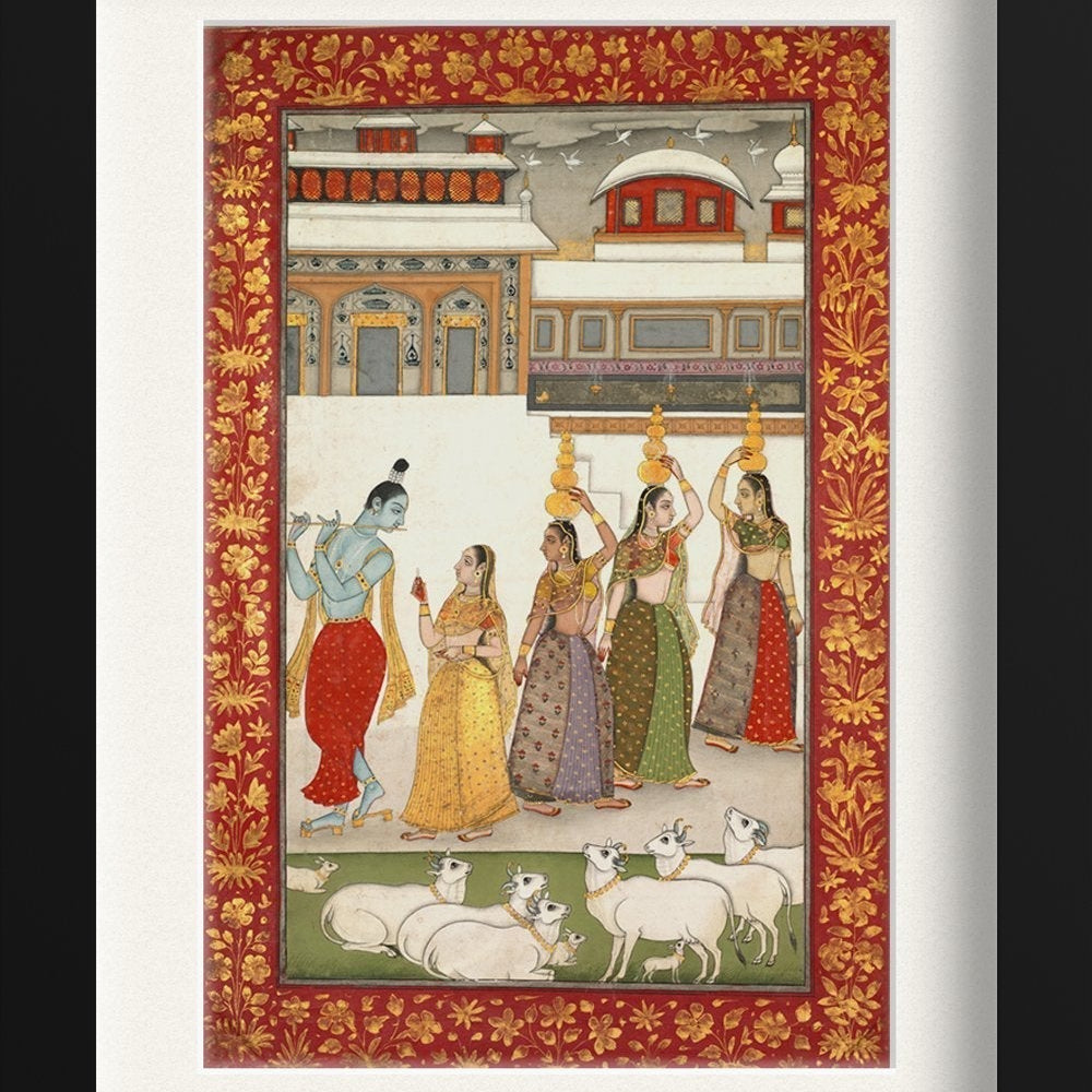 Gujari Ragini (Krishna With Gopis Playing The Flute) Painting - Meri Deewar 2 : 3 Vertical Premium Wall Art Canvas by MeriDeewar