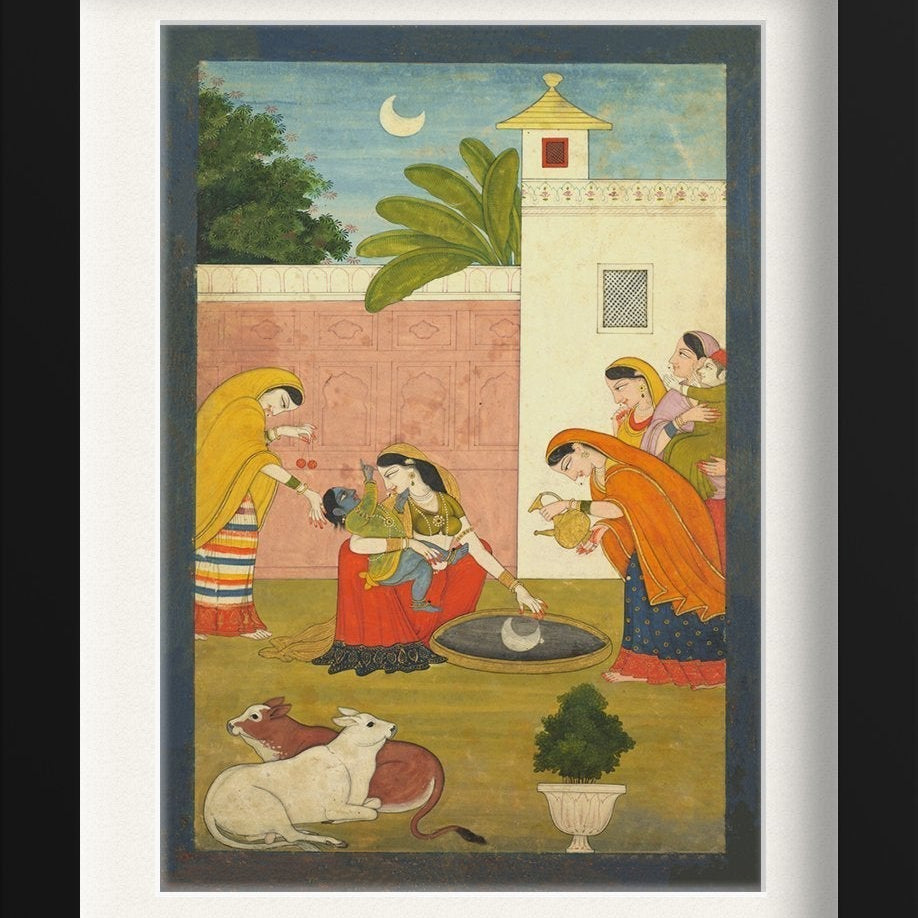 Guler Painting Krishna Reaching For The Moon Painting - Meri Deewar 2 : 3 Vertical Premium Wall Art Canvas by MeriDeewar