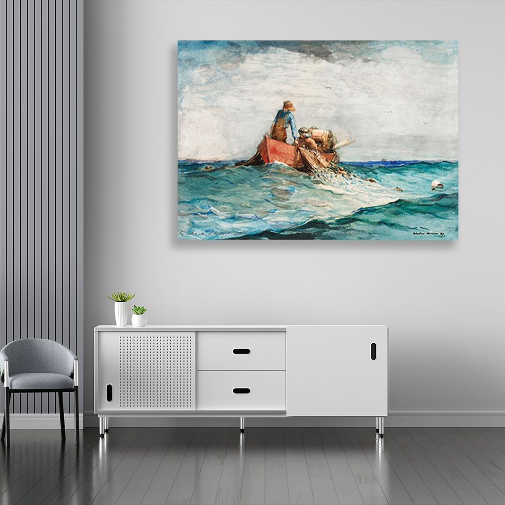 Hauling in the Nets painting - Meri Deewar 3 : 2 Horizontal Premium Wall Art Canvas by MeriDeewar