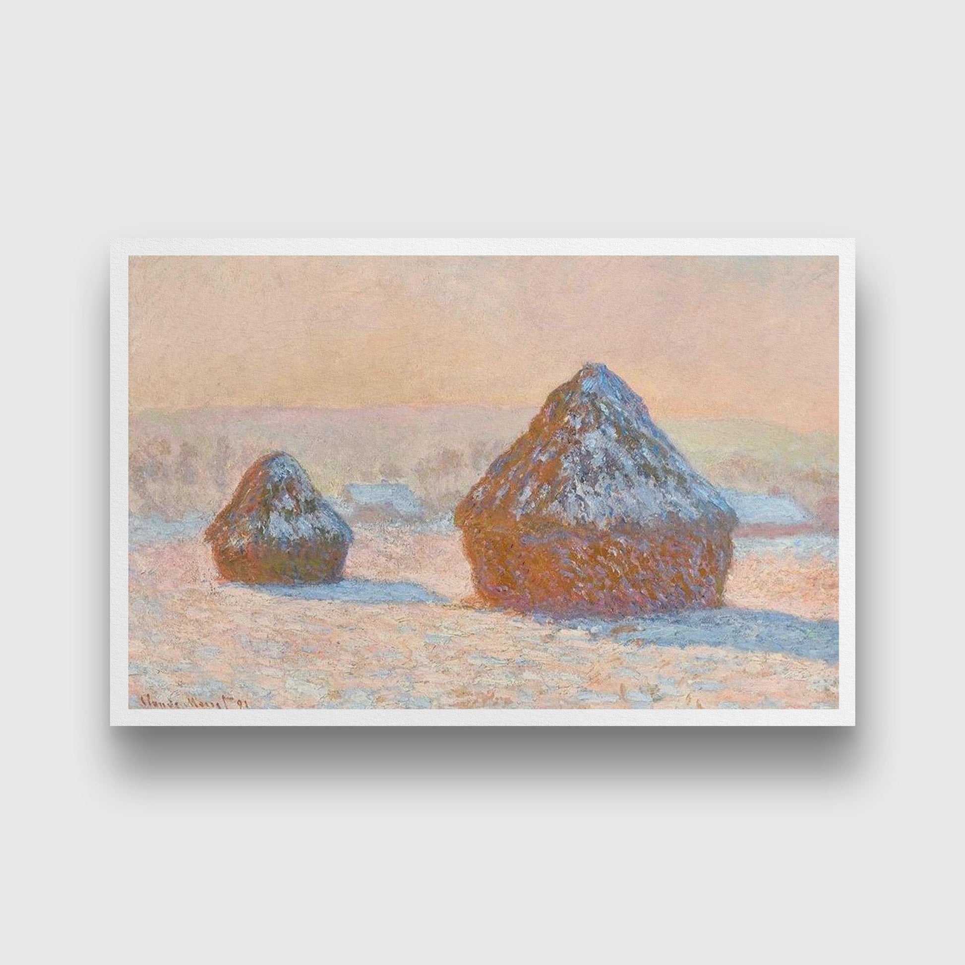 Haystacks Snow Effect ,By Claude Monet Painting - Meri Deewar 3 : 2 Horizontal Premium Wall Art Canvas by MeriDeewar
