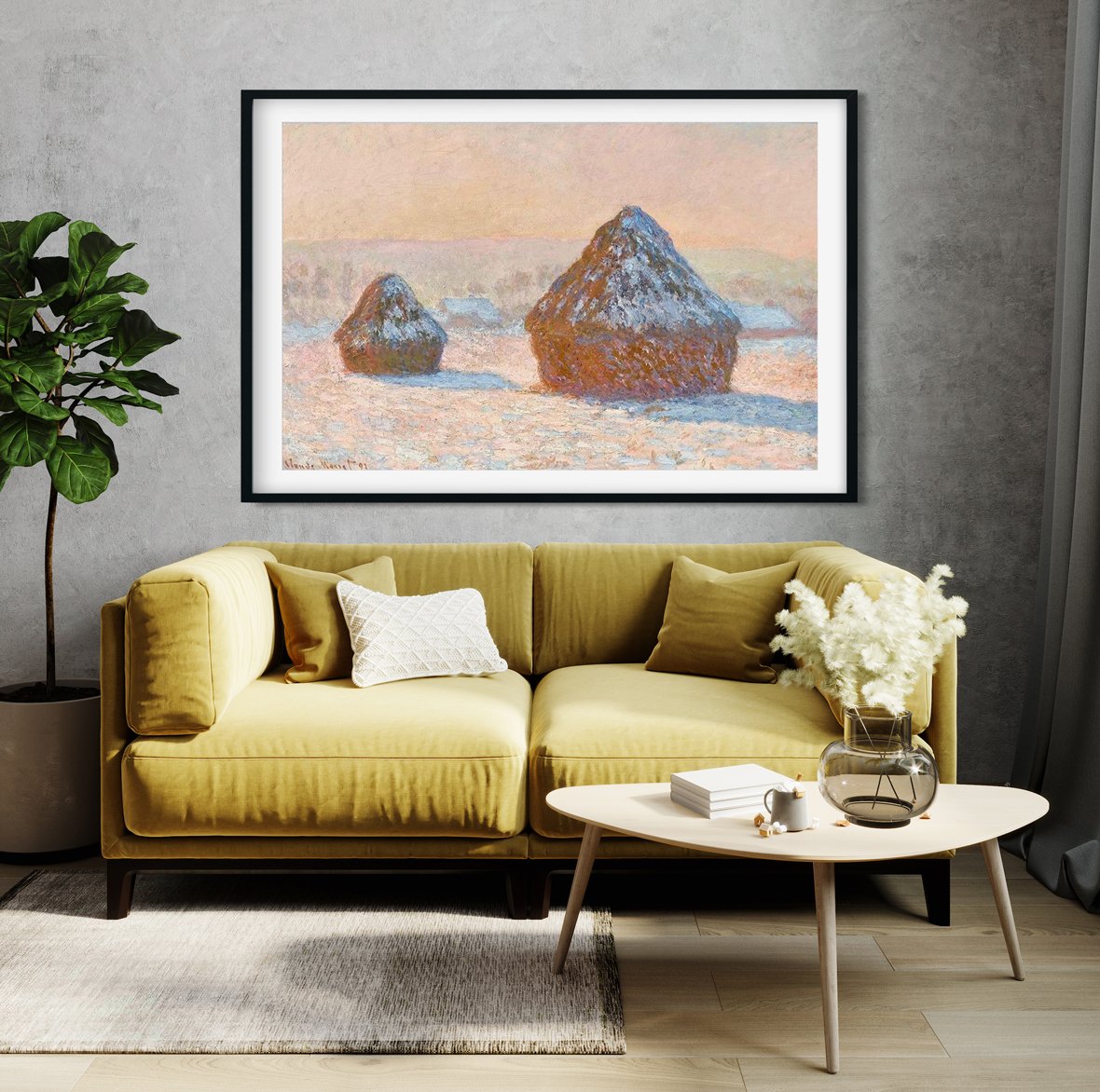 Haystacks Snow Effect ,By Claude Monet Painting - Meri Deewar 3 : 2 Horizontal Premium Wall Art Canvas by MeriDeewar