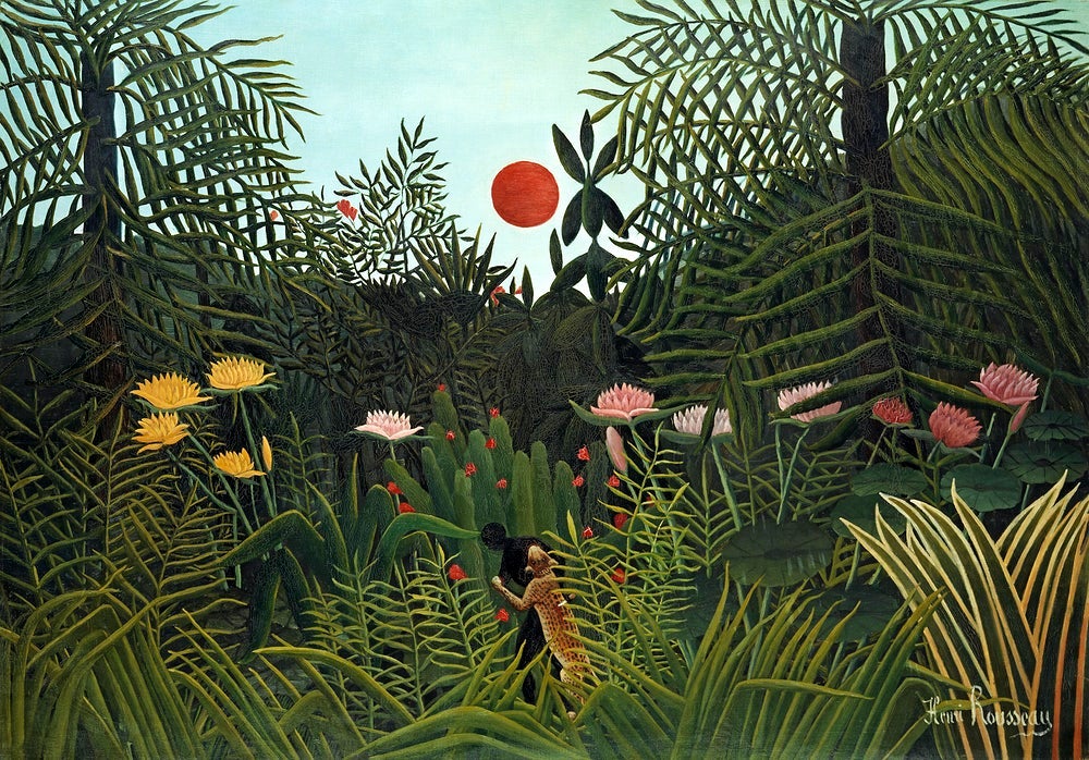 Henri Rousseau_s Virgin Forest with Sunset Painting - Meri Deewar 3 : 2 Horizontal Premium Wall Art Canvas by MeriDeewar