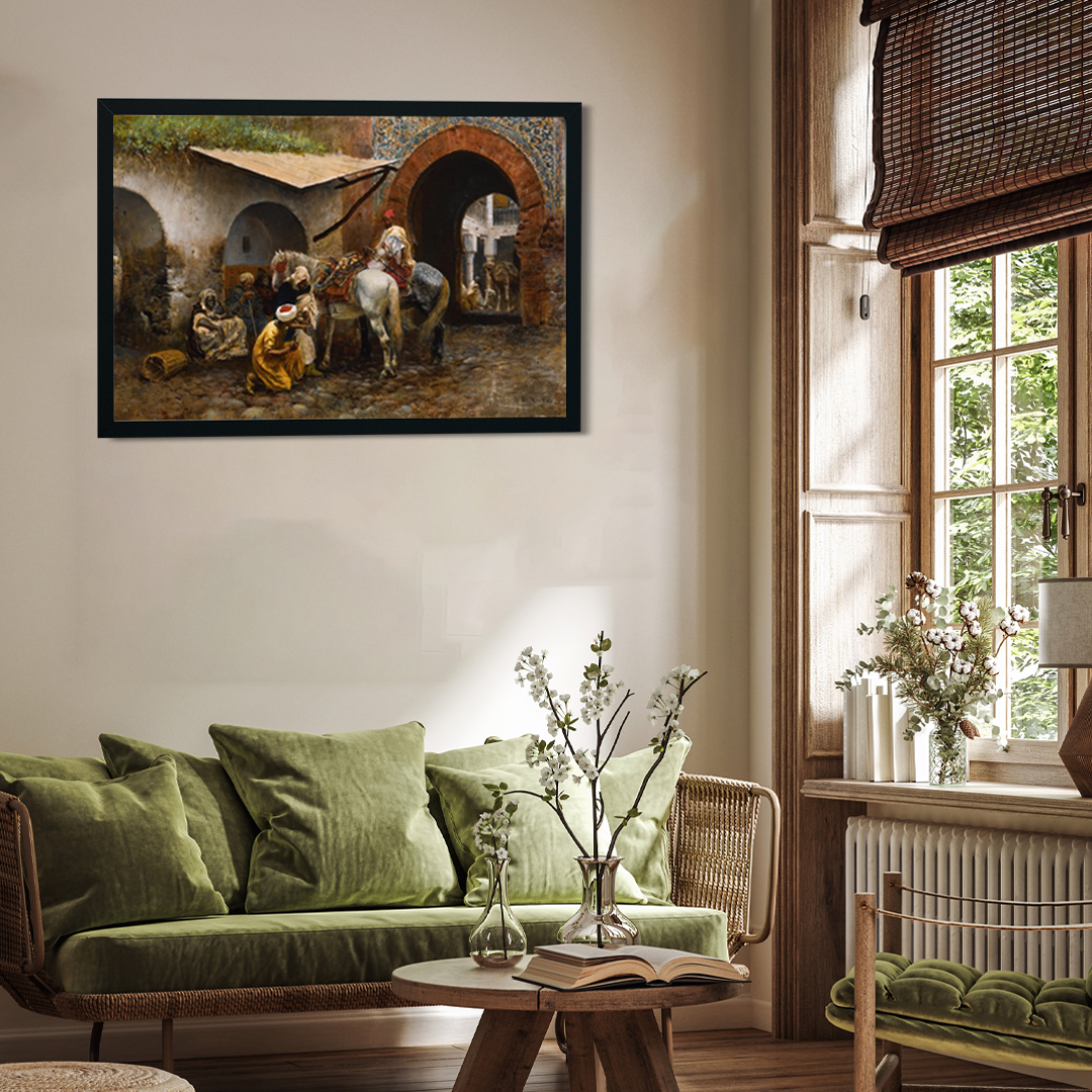 Horse Care in Oriental Market Painting 3 : 2 Horizontal Premium Wall Art Canvas by MeriDeewar