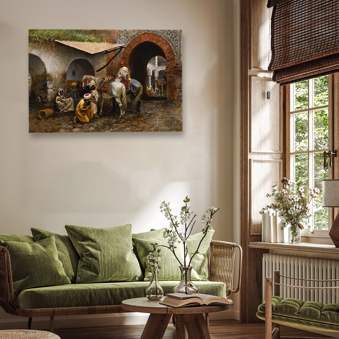 Horse Care in Oriental Market Painting 3 : 2 Horizontal Premium Wall Art Canvas by MeriDeewar