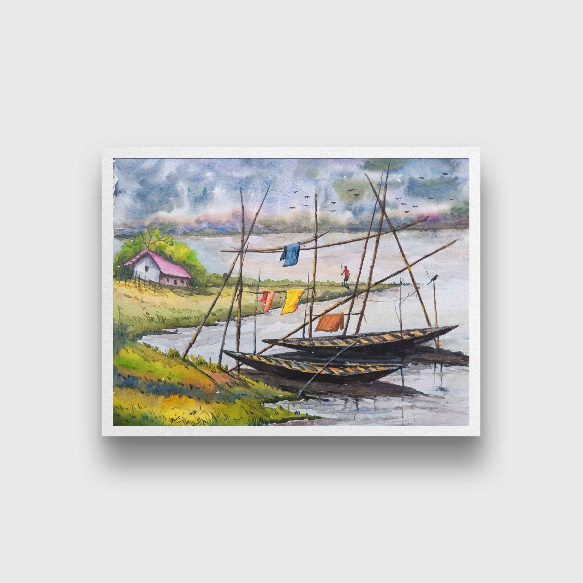 House Boats in Back Water Painting - Meri Deewar 4 : 3 Horizontal Premium Wall Art Canvas by MeriDeewar