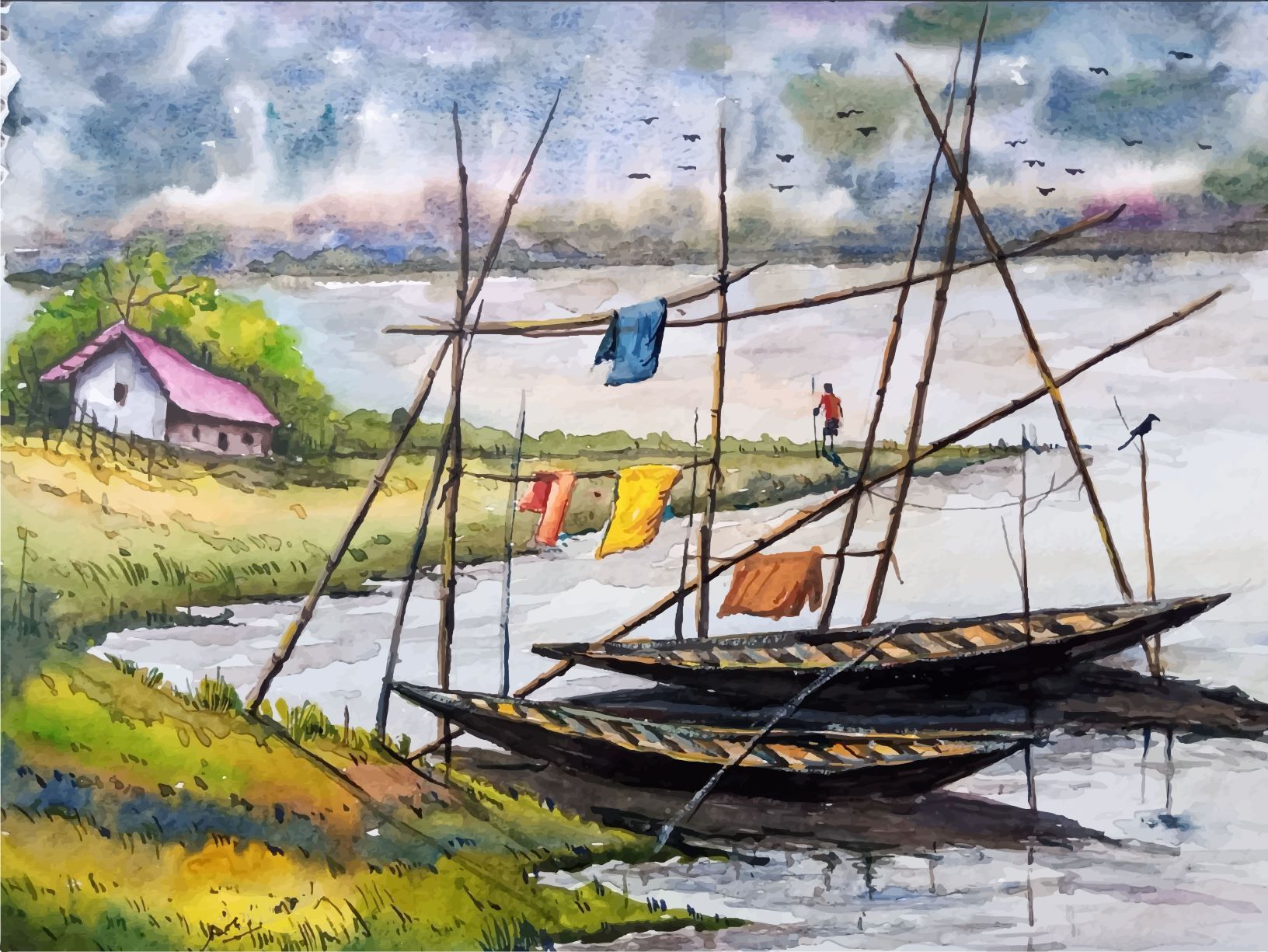House Boats in Back Water Painting - Meri Deewar 4 : 3 Horizontal Premium Wall Art Canvas by MeriDeewar