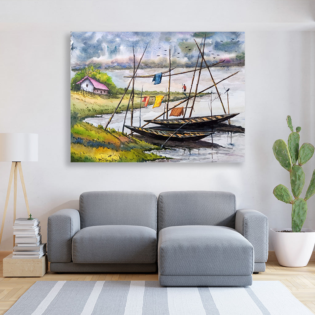 House Boats in Back Water Painting - Meri Deewar 4 : 3 Horizontal Premium Wall Art Canvas by MeriDeewar