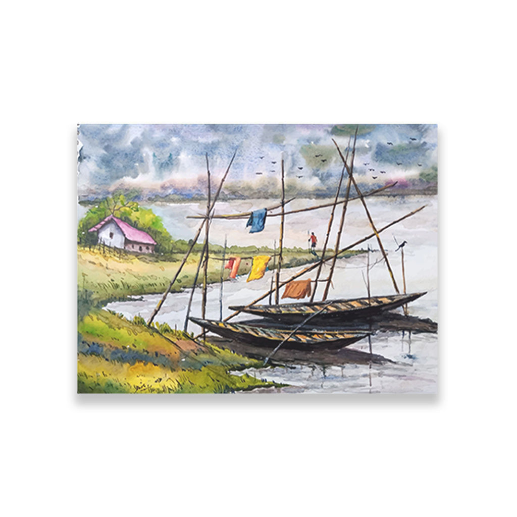 House Boats in Back Water Painting - Meri Deewar 4 : 3 Horizontal Premium Wall Art Canvas by MeriDeewar