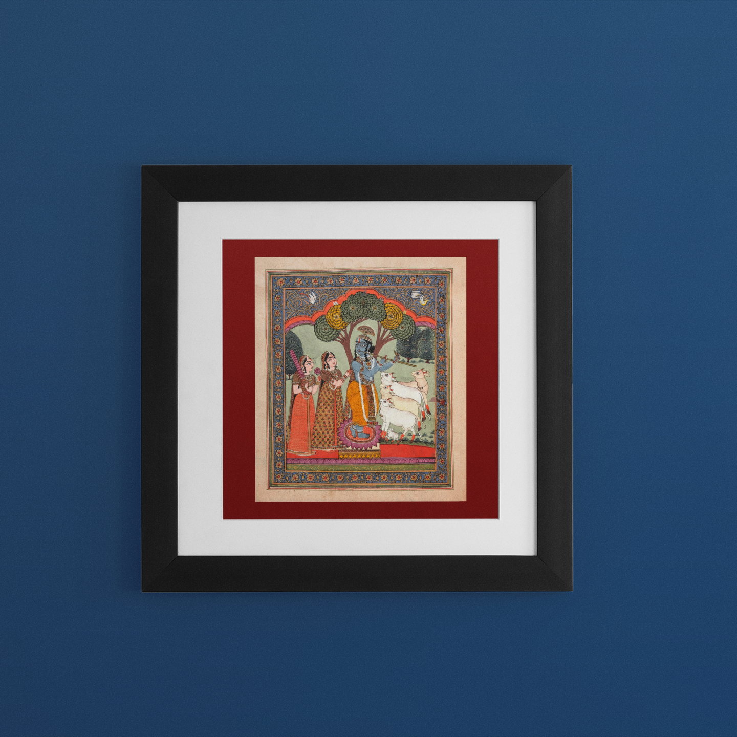 Indian Artistry Painting Shrikrishna Gopika Miniature | MeriDeewar 1 : 1 Square Premium Wall Art Canvas by MeriDeewar