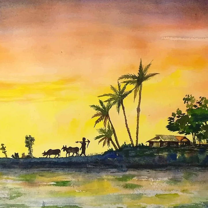 Indian Farmer Watercolour landsacpe Painting - Meri Deewar 4 : 3 Horizontal Premium Wall Art Canvas by MeriDeewar